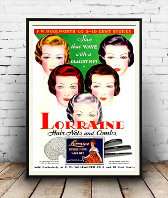 Lorraine Hair Nets  Vintage Hair Care Advert Reproduction Poster Wall Art. • £5.09