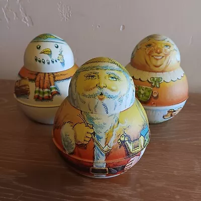 Vtg 3 Bristol Ware Tobacco Brownie ROLY POLYS Tins Xmas Santa Snowman Mrs. Claus • $49.99