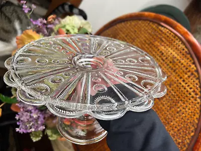 Glass Cake Stand Clear  Scalloped Pedestal  Vintage Pressed • $45