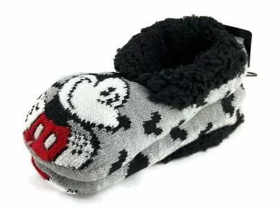 Disney Mickey Mouse Womens Gray Black Slipper Socks Fuzzy 9-11 Friction Dots New • $26.59