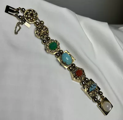 Vintage Signed Reinad Victorian Revival Slide Cameo And Cabochon Bracelet 7 1/2” • £72.97