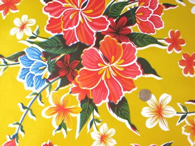 YELLOW HIBISCUS VINYL OILCLOTH TABLECLOTHS DINING KITCHEN PATIO 6 SIZE 48x48-108 • $12.99