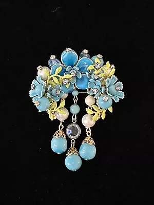 Vintage Unsigned MIRIAM HASKELL Baby Blue Brooch ? Rhinestones Beads Flowers E/R • $54.95