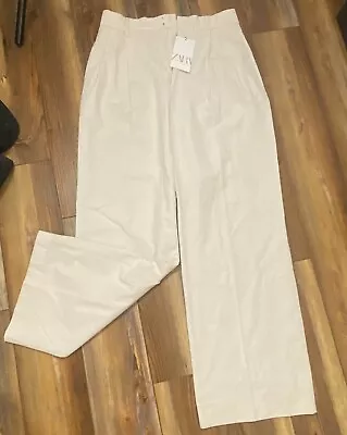 NWT Zara Womens Pleated  Pockets Cream Summer Linen Wide Leg Pants Sz XS • $32