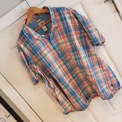 LL Bean Linen Blend Madras Shirt Button Up Mens XXL Short Sleeve  FF-11 • $16.03