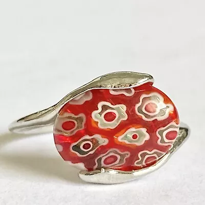 Murano Glass Cocktail Ring Size 7 Red White Millefiori Flowers Silver Plated • $12.99