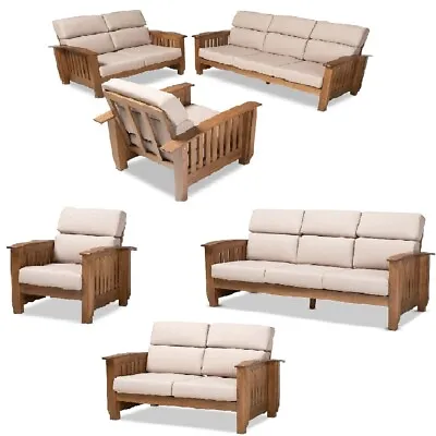 Mission Style Taupe Fabric Walnut Brown Wood Chair Or Loveseat Or Sofa Or All 3 • $639.96