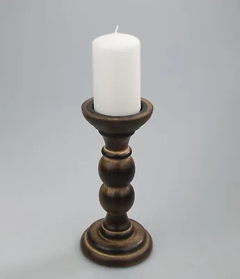 Antique Style Wooden Pillar Candle Holder With White Candle 6cm X 8cm Tall • £9.99