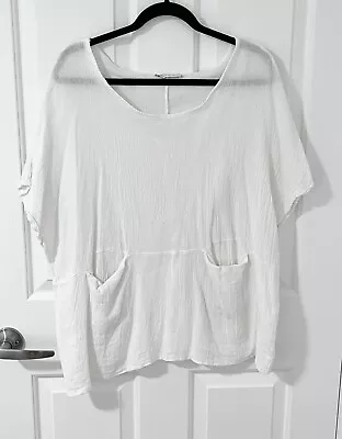 RIDLEY - White Loose Woven Italian Linen Smock Top With Pockets Size L Fit 12-14 • $42