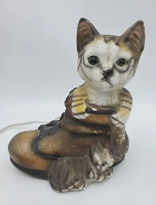 Vintage Taiwan Ceramic Tabby Tiger Cat & Kitten In Boot Small Lamp Light • $44.95