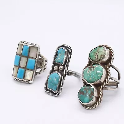 Vintage Native American 3 Ring Lot Of Sterling Turquoise & MOP Rings 30g G26 • $175