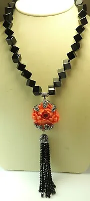 Onyx Black Cubed Statement Handcrafted Necklace Reconstituted Coral Rose Tassel • $185