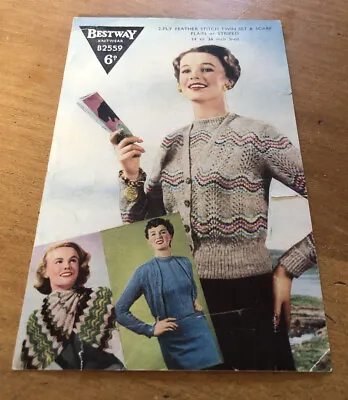 Vintage Knitting Pattern 2ply Feather Stitch Twinset & Scarf Ladies Printed Copy • £1.99