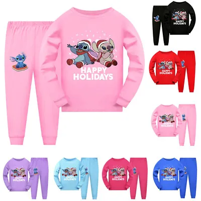 Kids Girls Stitch Angel Christmas Pyjamas Loungewear Nightwear Outfits PJs Set • £5.99
