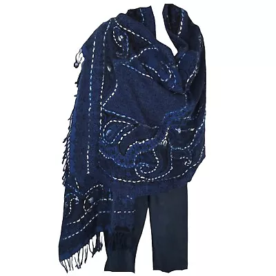 Shawl | Embroidery | Yak + Sheep Wool Blend | Stitched| Handmade | Blue & Black • $79.20