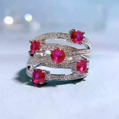 3Ct Round Cut Lab-Created Red Ruby Multi-Row Wedding Ring 14K White Gold Plated • $103.59