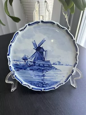 DELFT Holland Crackle Glaze Blue White Windmill Handpainted Ceramic Plate • $18.60