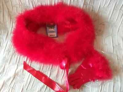 RED MARABOU FEATHERS Shrug/Wrap/Cape & Gloves - NEW W/Tags - FREE U.S. SHIP • £48.16