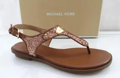 Michael Kors MK Plate Thong Flat T-Strap Sandals Glitter Rose Gold Size 7 • $119.99