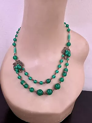 Early Miriam Haskell Green Poured Glass Grape Leaves Collar Necklace Unsigned • $149.99