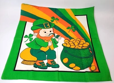 $9.99 • Buy Vintage Irish Leprechaun Bandana Handkerchief USA Pot Gold Rainbow Clover 16463