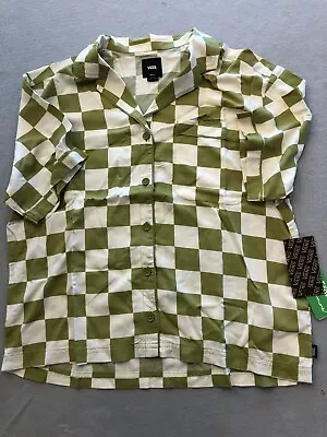 Vans Shirt Women's Small New Amstone Green Olive Checker Button Up • $19.99