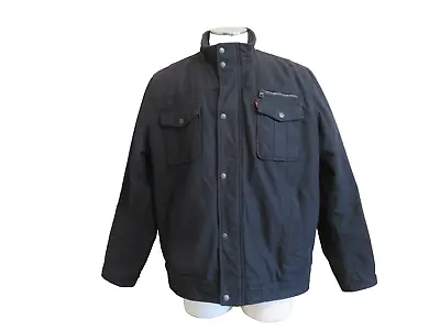 Levis Jacket Black Cotton Canvas Trucker Biker Work Coat Mens 2XL Zip &Wind Flap • $31.89