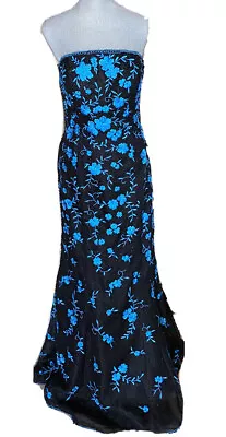 Vintage JOVANI Black Blue Embroidered Beaded Strapless Gown Size 4 • $133