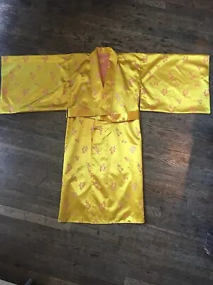 Vtg 40s 50s Japanese Souvenir Yellow Gold Silk Bath Robe Mens M-L Smoking Jacket • $72.25