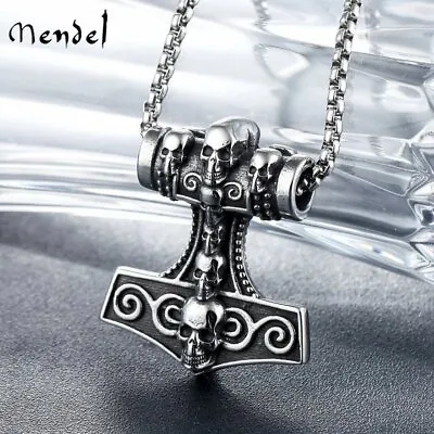 MENDEL Viking Mens Thor's Hammer Necklace Mjolnir Skull Pendant Stainless Steel • $12.99