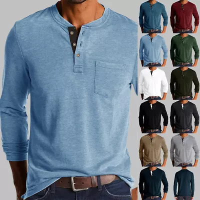 Mens Button V-Neck Shirts Long Sleeve Casual Solid T-Shirt Tops Pullover Blouse • $22.19