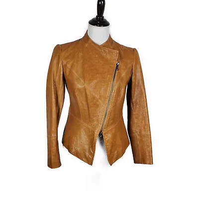 $251.56 • Buy Lafayette 148 New York~Petite 2~Cognac Leather Asymmetrical Zipper Moto Jacket