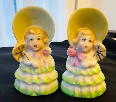 Vintage Porcelain Salt & Pepper Shaker Set Japan Girl With Wide Brim Bonnet • $9