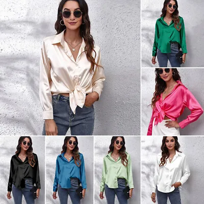 £9.85 • Buy Womens Satin Silk Button-Up Dress Shirt OL Work Ladies V Neck Lapel Blouse Tops