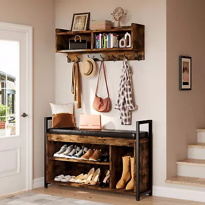 Industrial Shoe Rack Bench With Wall Coat Rack Hall Tree For Entryway Hallway • $135.99