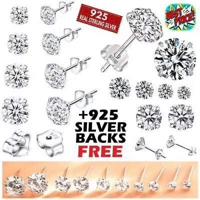 925 Sterling Silver Stud Earrings Set CZ Genuine Cubic Zirconia Ladies Men Women • £3.99