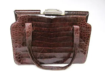 Vintage Caiman Alligator Crocodile Purse Handbag Retro Gold Tone Hardware Brown • $98