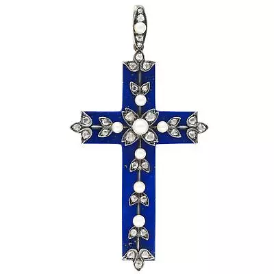 Victorian Lapis Lazuli Pearl Diamond 14 Karat Gold Silver Antique Cross Pendant • $5100