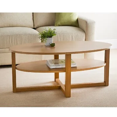 MDF Wood Oak Finish Oval Shaped Coffee Table With Undershelf Living Room Decor • £62.90