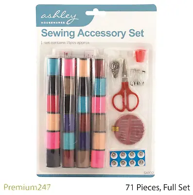 71 Piece Sewing Kit Needle Thread Tape Scissor Set Mini Home Stitching Buttons • £3.09
