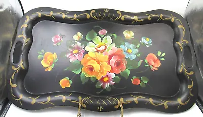 Vintage Black Metal Toleware Tray Floral With Handles. Granny Cottage Core. • $39