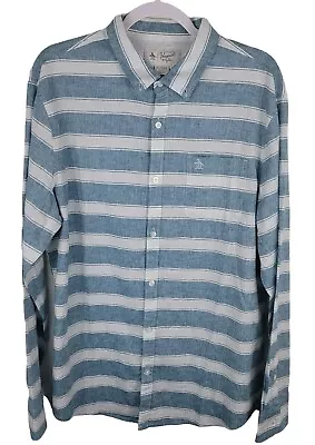 Mens Button Shirt Penguin By Munsingwear LS XL Denim Blue STRIPES Linen Blend • $16.48
