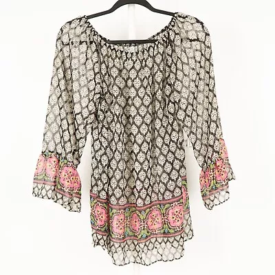 Yahada Womens Sheer Blouse S Boho Hippie Black Pink Long Sleeve Elastic Neck • $11.86