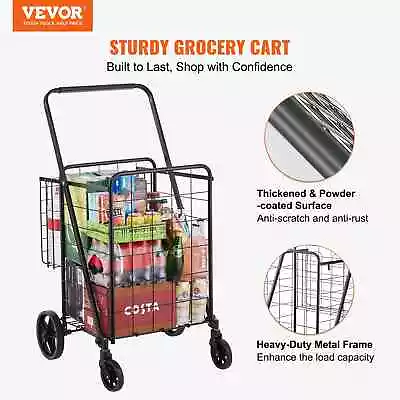 Folding Shopping Cart Jumbo Grocery Heavy Duty Utility Cart With Double Baskets • $69.99