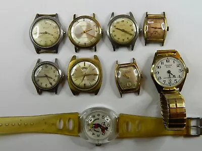 9 Vintage Mens Watch Lot - Gruen Benrus 21j Military Disney Hallmark - Repair • $119