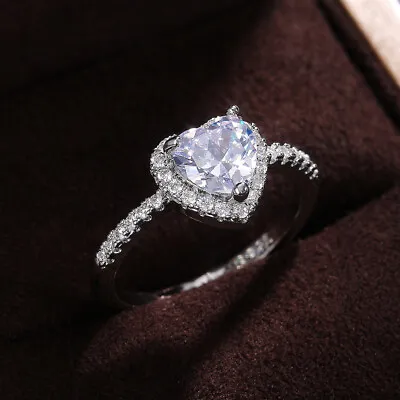 Charm Women Heart Cut Cubic Zirconia 925 Silver Rings Wedding Jewelry Size 5-12 • £5.69