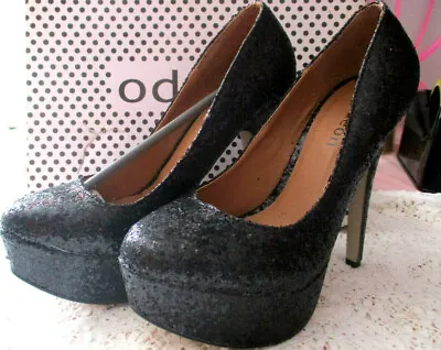 Bnib Size 3 Black Sequined High Platform Shoes From Odeon • £5.25