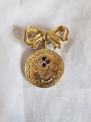 Brooch AVON Round Dangle Etched Rhinestone  Dear  Engraved Vintage • $3