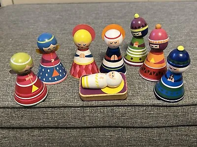 Wooden Nativity Figures Set EUC Jesus Mary Joseph Wisemen Angel Modern Colorful • $23