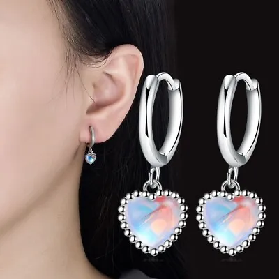 925 Sterling Silver Moonstone Heart Hoop Earrings Women Girls Jewellery Gift • £3.49